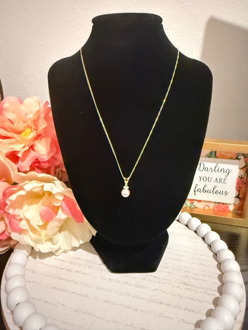 14K Gold Pearl Pendant Necklace w/ Diamond Accents Dainty Fine Jewelry